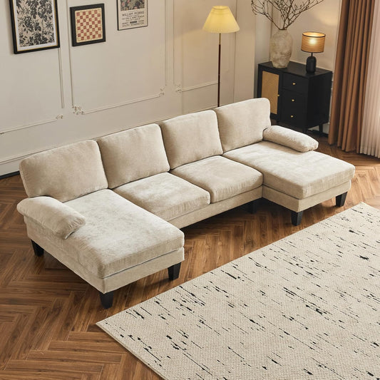 VINGLI 110" Sectional Couches for Living Room,U Shaped Couch with Double Chaise, 4-Seat Sofa Set with Chenille Fabric for Home Furniture,Beige