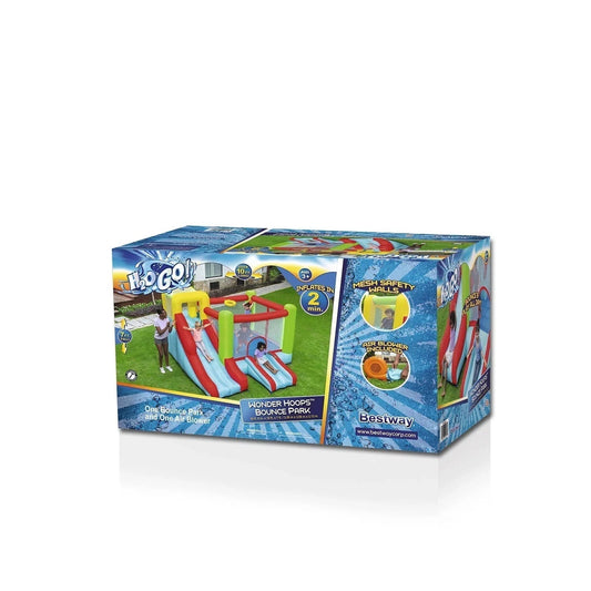 Up, In and Over Wonder Hoops 10' Inflatable Bounce House Park with Basketball and Slide. 126
