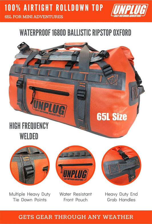 UNPLUG Ultimate Adventure Bag -1680D Heavy Duty Waterproof Travel Duffel Bags for Camping, Motorcycle Dry Bag, Waterproof Bags for Boating, Waterproof Duffle Backpack,Tactical Duffle Bag