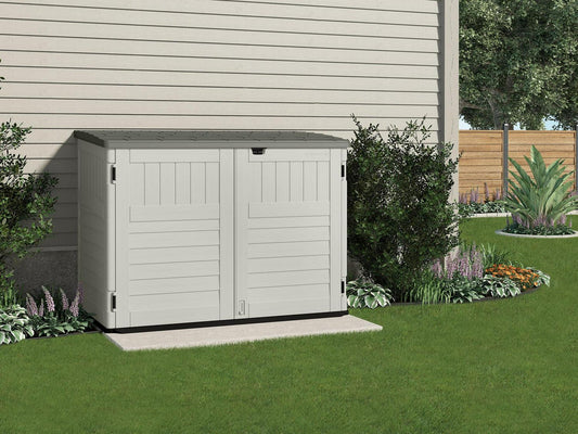 Suncast BMS4700 Resin Storage Shed, Off-White/Gray, 70.5′′W x 44.25′′D x 52′′H, Double Door, UV Resistant