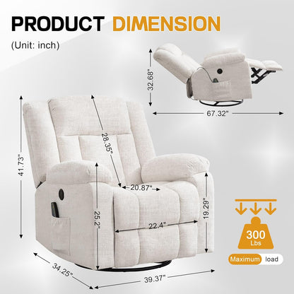 Rocker Recliner, Glider Recliner Chairs for Adults, 360° Swivel Rocking Chair with Massage and Heating, Nursery Chair with Storage and USB Charging for Living Room, Bedroom, Nursery