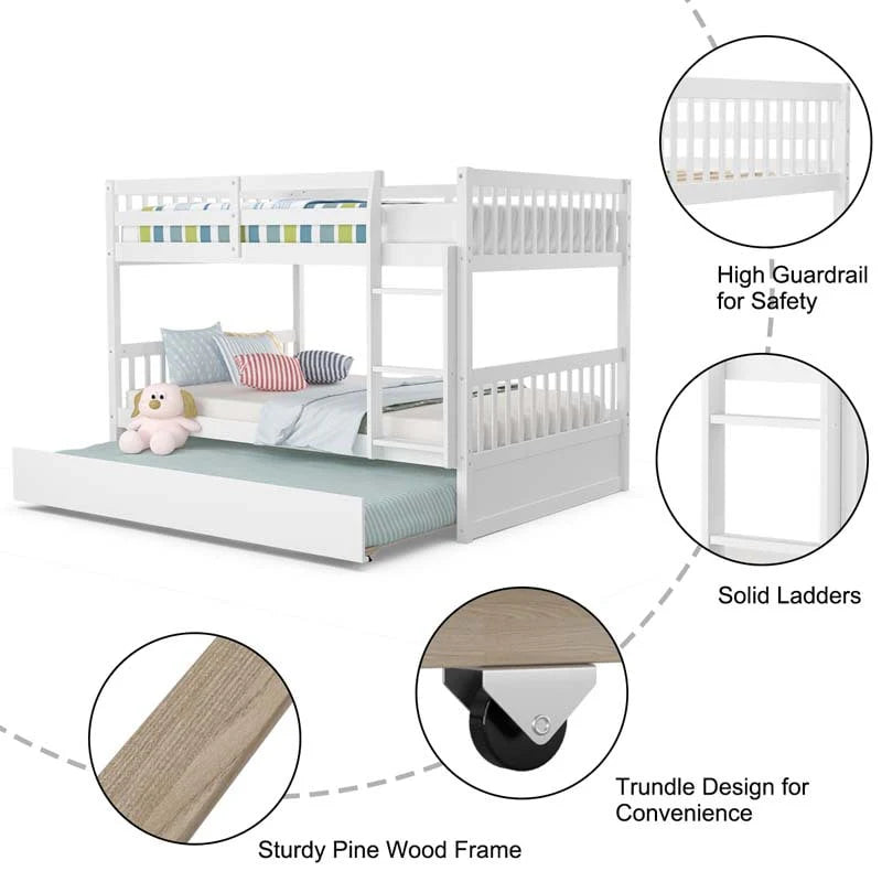 Solid Wood Full Over Full Bunk Bed Frame With Trundle Safety Ladder Amp Guardrails Convertible Bunk Bed For Kids Teens