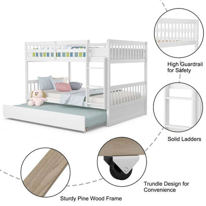 Solid Wood Full Over Full Bunk Bed Frame With Trundle Safety Ladder Amp Guardrails Convertible Bunk Bed For Kids Teens