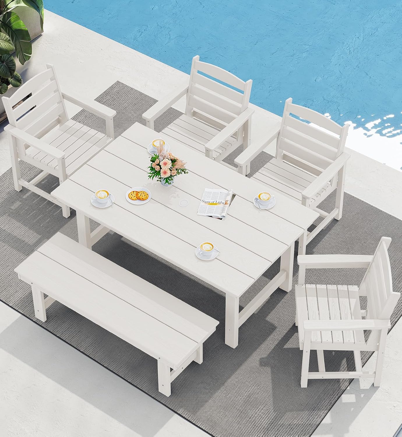 SERWALL 7-Piece Patio Table Set, Outdoor HDPE Dining Furniture with Umbrella Hole, All Weather Table and Chairs for Lawn, Garden, Poolside, Aruba
