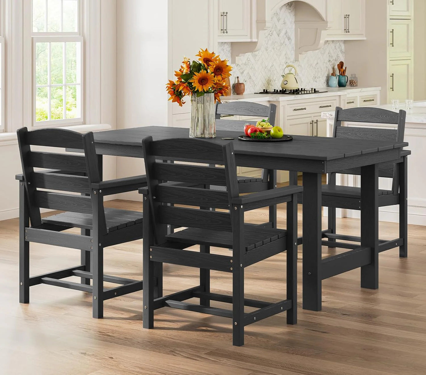 SERWALL 7-Piece Patio Table Set, Outdoor HDPE Dining Furniture with Umbrella Hole, All Weather Table and Chairs for Lawn, Garden, Poolside, Aruba