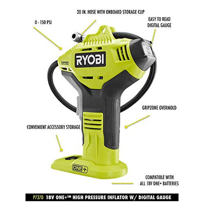 RYOBI ONE+ P737D Cordless Inflator with Digital Gauge, 18V Lithium-Ion Battery, 150 PSI, Portable Pump