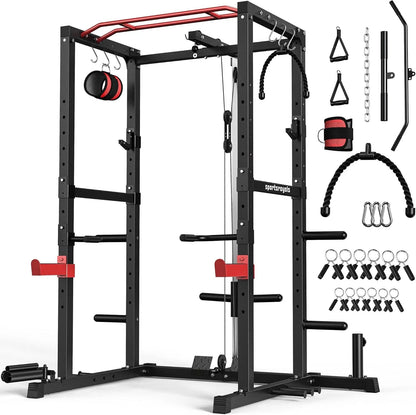 Sportsroyals Power Cage,1600lbs Multi-Function Power Rack with Adjustable Cable Crossover System and More Training Attachment, Weight Cage for Home Gym