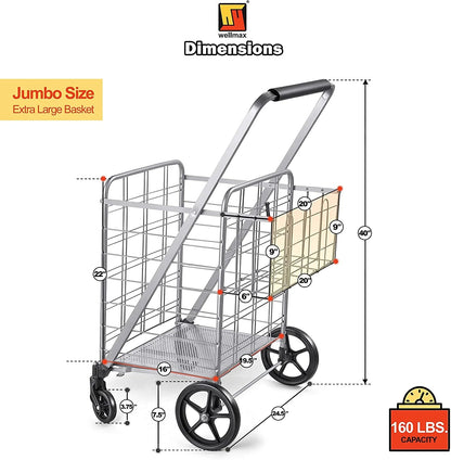 Wellmax Shopping Cart with Wheels, Metal Grocery Cart with Wheels, Shopping Carts For Groceries
