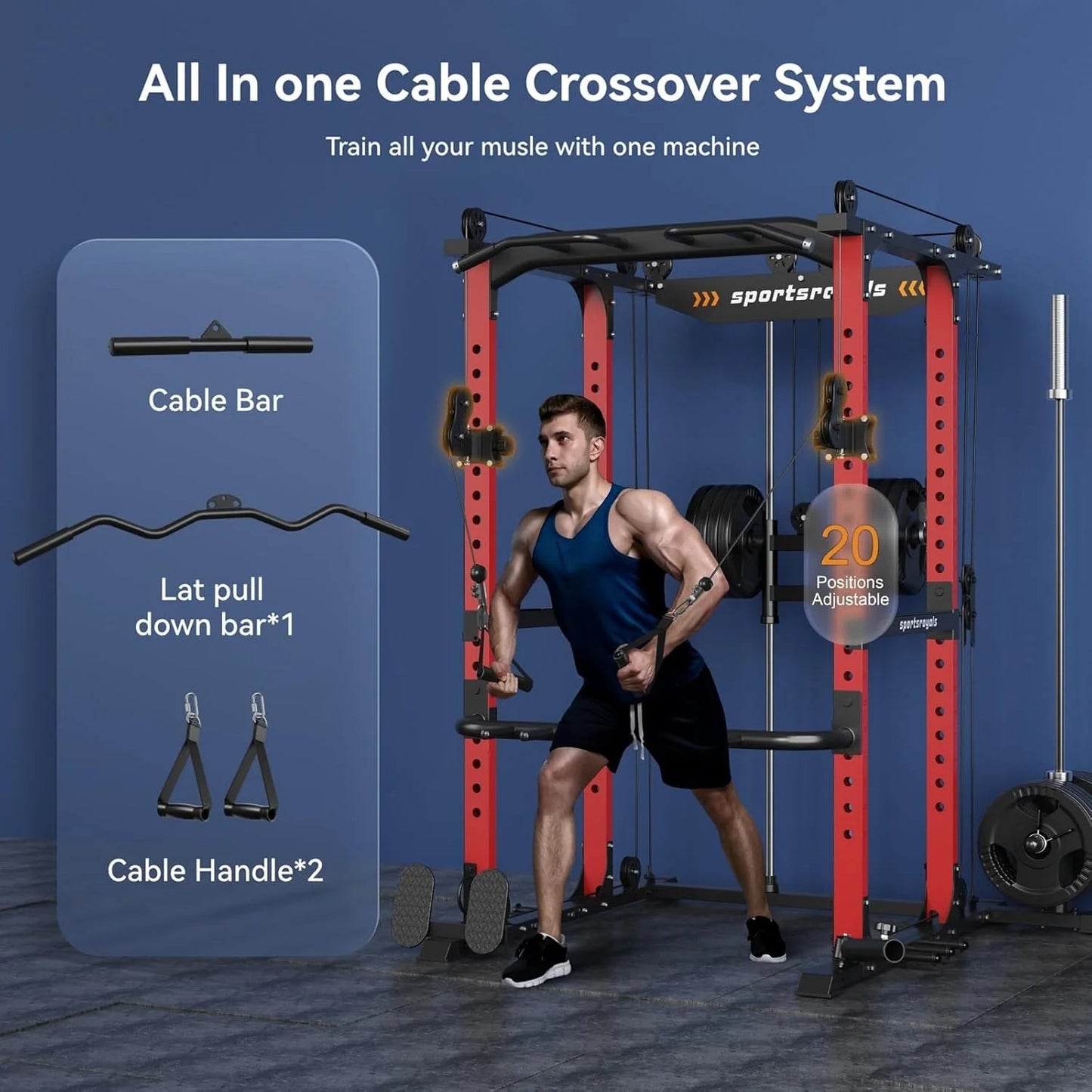 Sportsroyals Power Cage,1600lbs Multi-Function Power Rack with Adjustable Cable Crossover System and More Training Attachment, Weight Cage for Home Gym