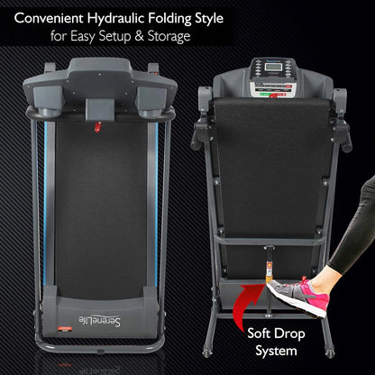 SereneLife Folding Treadmill - Foldable Home Fitness Equipment with LCD for Walking & Running - Cardio Exercise Machine - Preset and Adjustable Programs - Bluetooth Connectivity