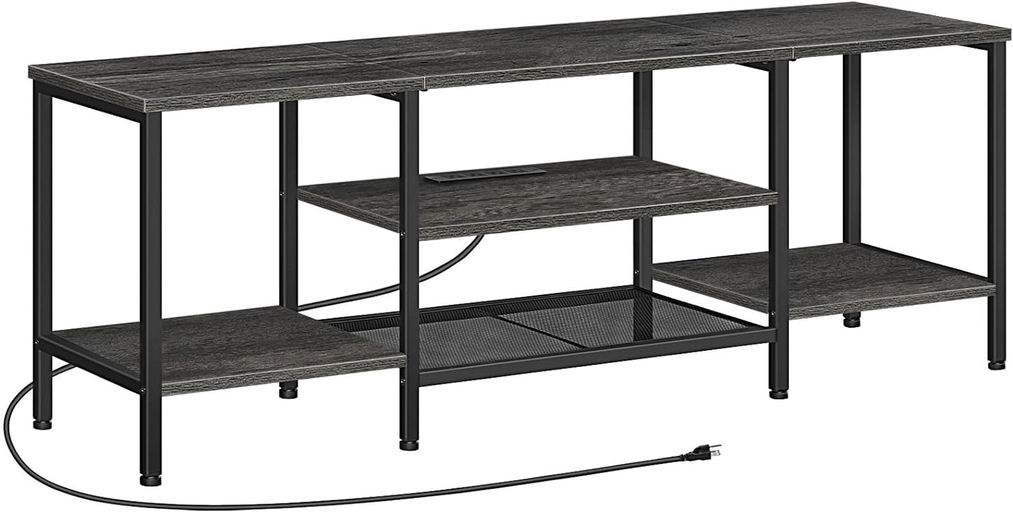 TV Stand with Power Outlets to 75 Inches, TV Console Table with Open Storage Shelves Cabinet, Industrial Media Entertainment Center for Living Room Bedroom, Rustic Brown and Black BF60DS01