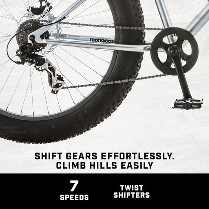 Mongoose Malus Mens and Women Fat Tire Mountain Bike, 26-Inch Bicycle Wheels, 4-Inch Wide Knobby Tires, Steel Frame, 7 Speed Drivetrain, Shimano Rear Derailleur, Disc Brakes