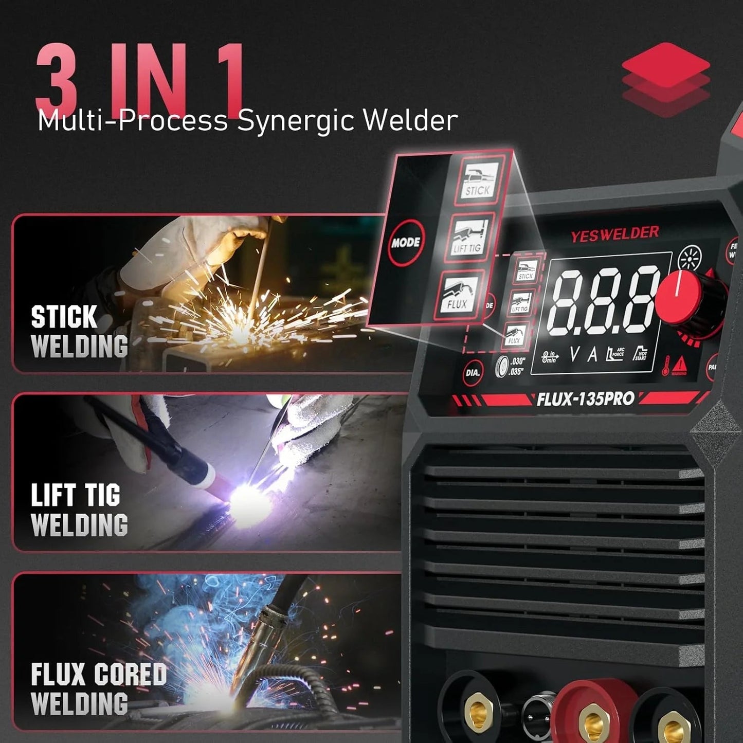 YESWELDER 135Amp MIG Welder,110V Flux Core Welder Flux Core MIG/Lift TIG/Stick 3-in-1 Large LED Digital Display Welding Machine IGBT Inverter Welder FLUX-135PRO