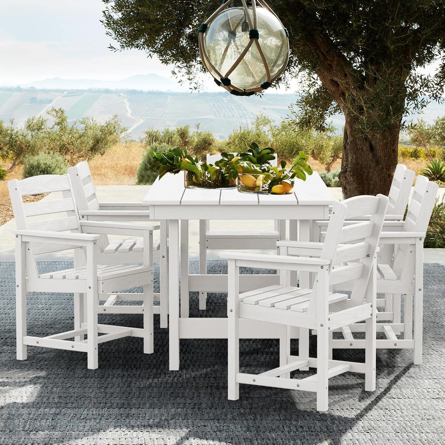 SERWALL 7-Piece Patio Table Set, Outdoor HDPE Dining Furniture with Umbrella Hole, All Weather Table and Chairs for Lawn, Garden, Poolside, Aruba