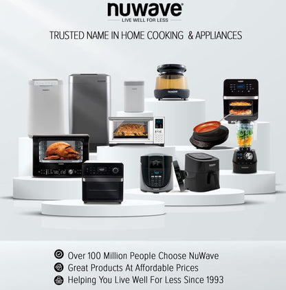 Nuwave Brio 8 Qt Air Fryer, Powerful 1800W, Easy to Read Cool White Display, 50° 400°F Temp Controls, 100 Pre Programmed Presets & 50 Memory Slots, Integrated Smart Thermometer, Linear T Technology
