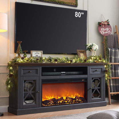 SinCiDo Farmhouse Fireplace TV Stand with 36" Electric Fireplace for 80 Inch TVs, 31" Tall Entertainment Center w/Drawer & Diamond Panel Door, Highboy Media Console for Living Room, 70inch, White