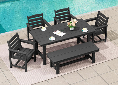 SERWALL 7-Piece Patio Table Set, Outdoor HDPE Dining Furniture with Umbrella Hole, All Weather Table and Chairs for Lawn, Garden, Poolside, Aruba