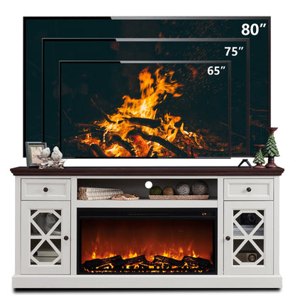 SinCiDo Farmhouse Fireplace TV Stand with 36" Electric Fireplace for 80 Inch TVs, 31" Tall Entertainment Center w/Drawer & Diamond Panel Door, Highboy Media Console for Living Room, 70inch, White