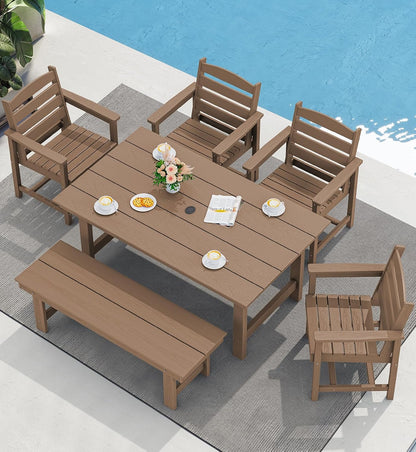 SERWALL 7-Piece Patio Table Set, Outdoor HDPE Dining Furniture with Umbrella Hole, All Weather Table and Chairs for Lawn, Garden, Poolside, Aruba