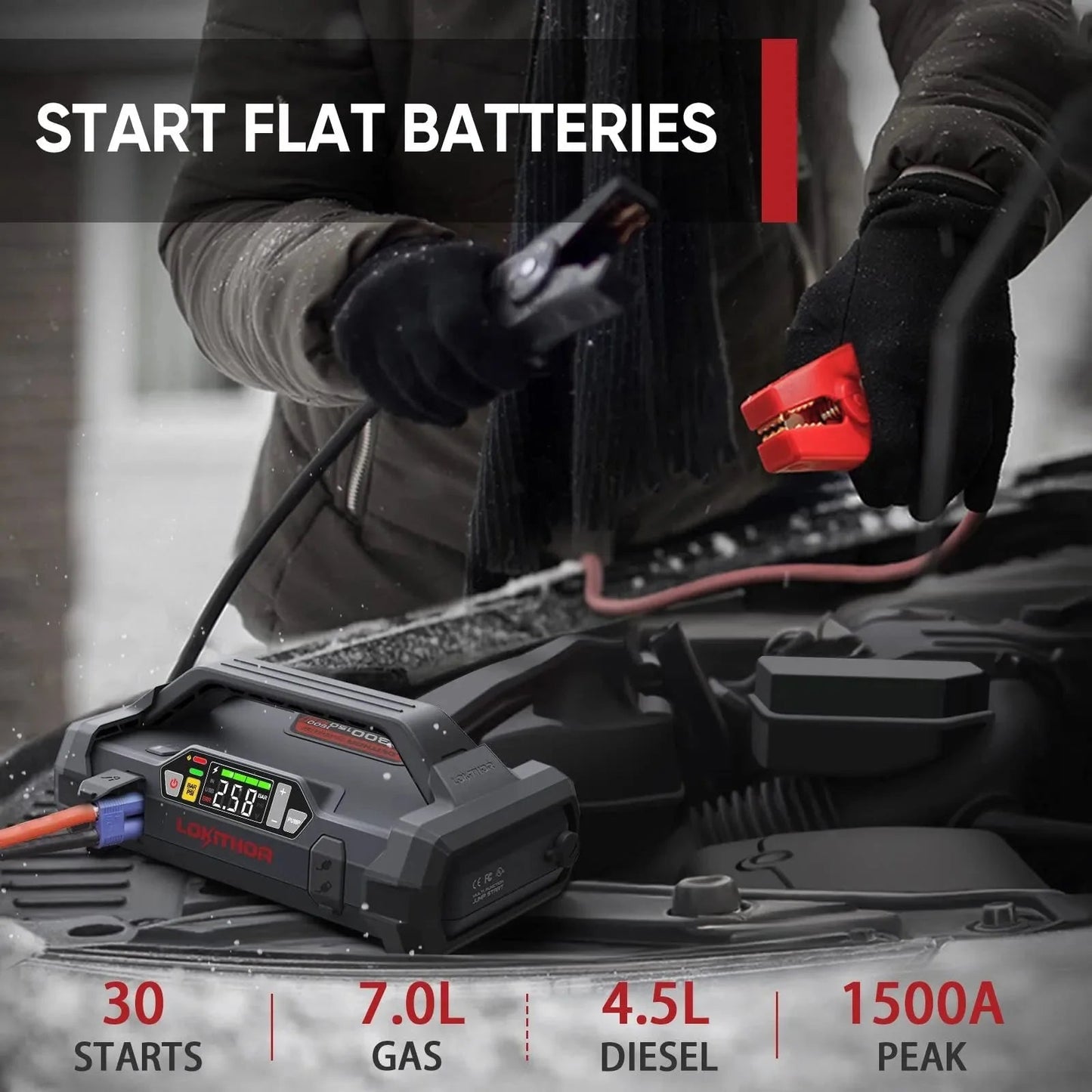 Starter with Air Compressor, 1500Amp 12V Portable Car Battery Booster Pack for Upto 7.0L Gas or 4.5L Diesel, 150 PSI Tire Inflator with Digital Screen, 24 Months Ultra-Long Standby