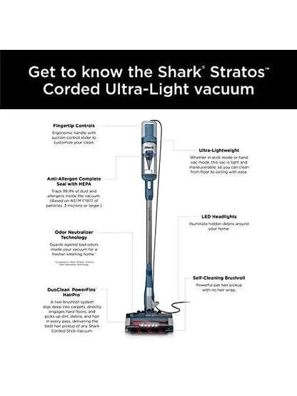 Shark HZ3002 Stratos Ultralight Corded Stick Vacuum with DuoClean PowerFins HairPro, Self Cleaning Brushroll, & Odor Neutralizer Technology, Navy