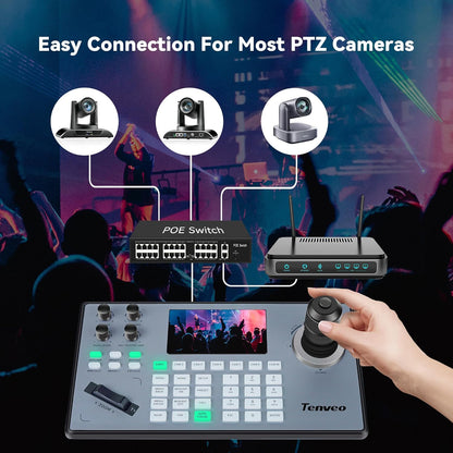 Tenveo NDI PTZ Camera Controller, 5" LCD, 4D Joystick, PoE, RS232