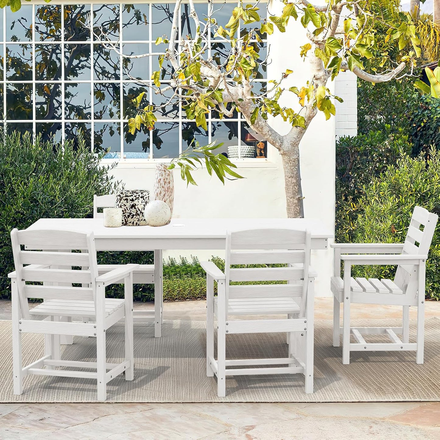 SERWALL 7-Piece Patio Table Set, Outdoor HDPE Dining Furniture with Umbrella Hole, All Weather Table and Chairs for Lawn, Garden, Poolside, Aruba