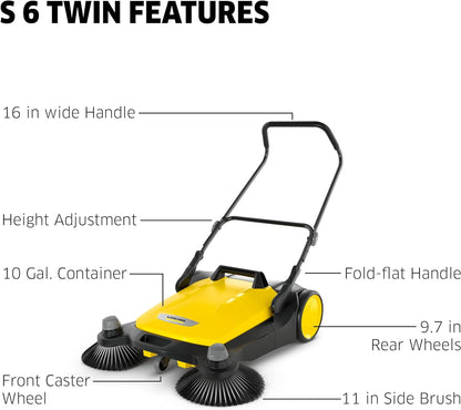 S 6 Twin Walk-Behind Outdoor Hand Push Floor Sweeper - 10 Gallon Capacity - 33.9" Sweeping Width - Sweeps up to 32,300 Square Feet/Hour