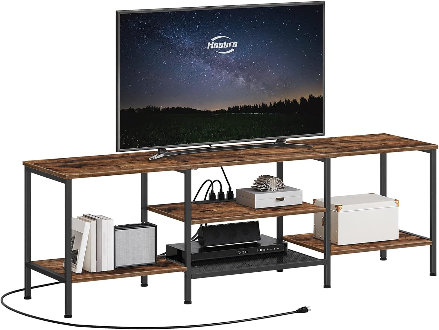 TV Stand with Power Outlets to 75 Inches, TV Console Table with Open Storage Shelves Cabinet, Industrial Media Entertainment Center for Living Room Bedroom, Rustic Brown and Black BF60DS01