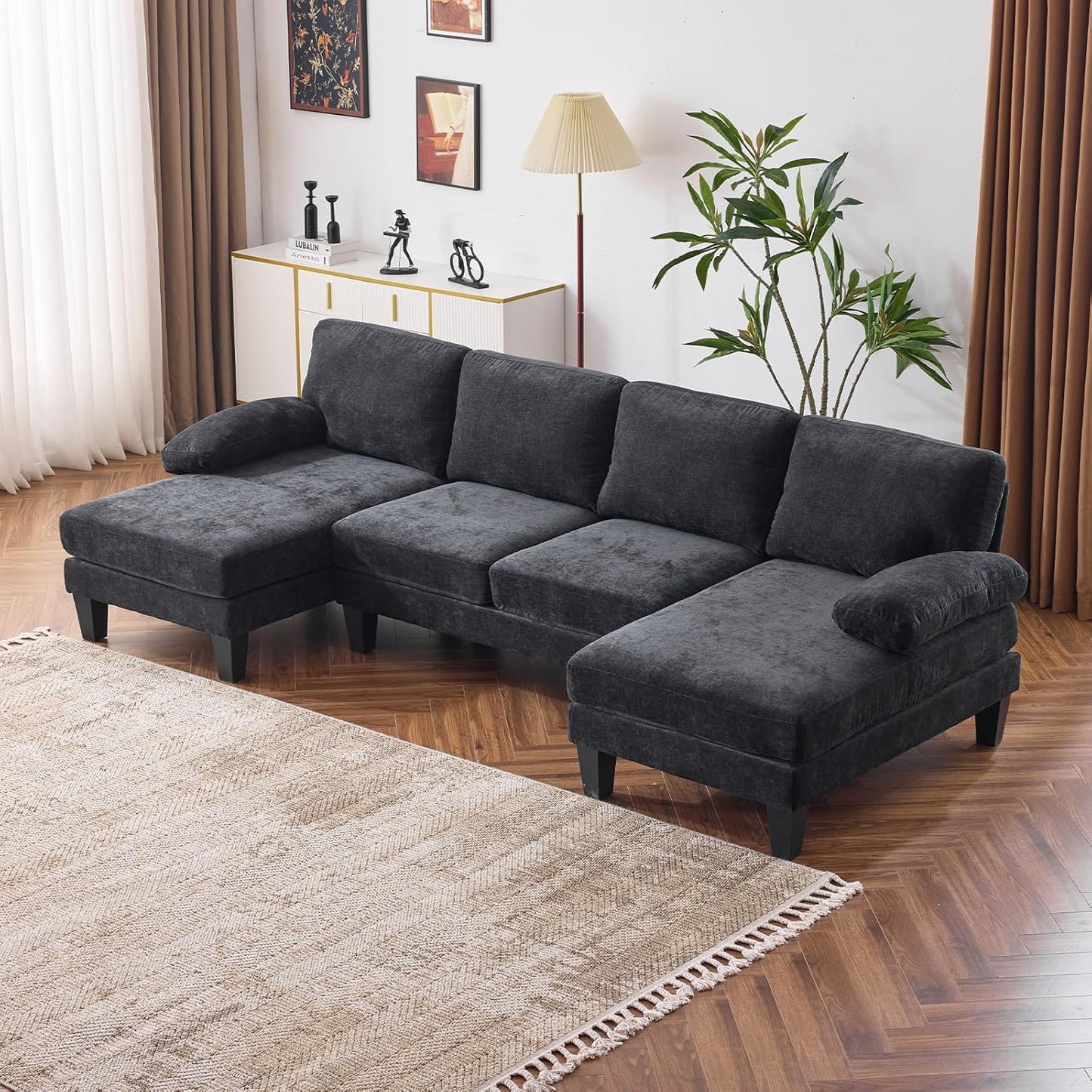 VINGLI 110" Sectional Couches for Living Room,U Shaped Couch with Double Chaise, 4-Seat Sofa Set with Chenille Fabric for Home Furniture,Beige