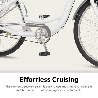 Schwinn Meridian Adult Tricycle Bike Mens and Womens Three Wheel Beach Cruiser 26-inch Wheels Low Step-Through Frame Wide Seat Rear Folding Basket Sin