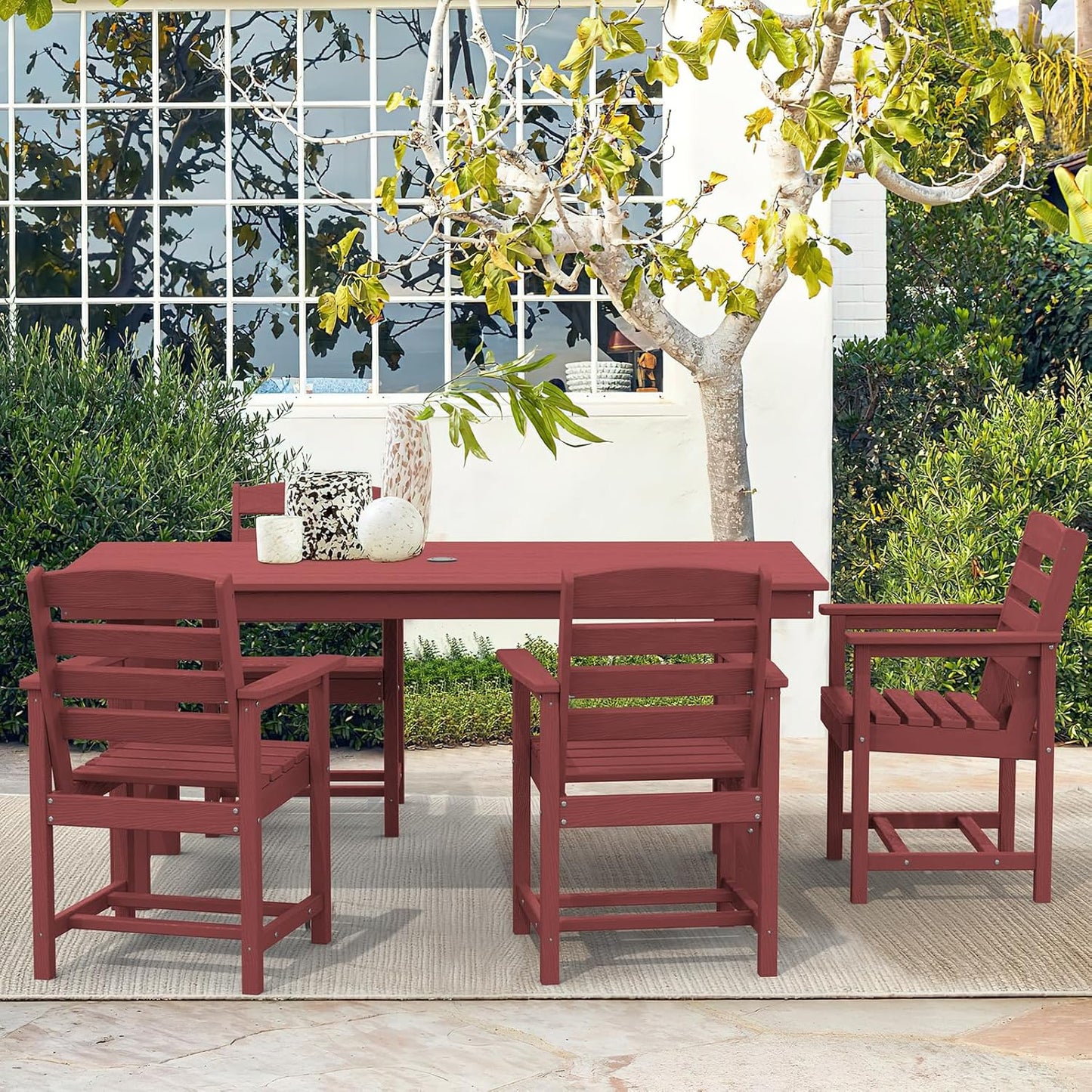 SERWALL 7-Piece Patio Table Set, Outdoor HDPE Dining Furniture with Umbrella Hole, All Weather Table and Chairs for Lawn, Garden, Poolside, Aruba