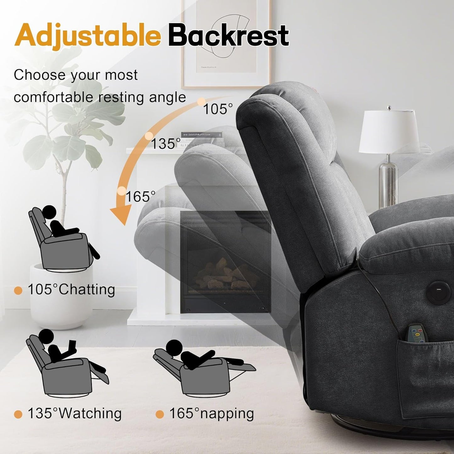 Rocker Recliner, Glider Recliner Chairs for Adults, 360° Swivel Rocking Chair with Massage and Heating, Nursery Chair with Storage and USB Charging for Living Room, Bedroom, Nursery