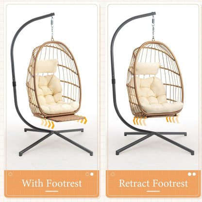 Yechen Indoor Outdoor Egg Hanging Chair with Stand, Patio Wicker Swing Egg Chair Indoor Swinging Chair Outdoor Hammock Egg Chair 350lbs Capacity for Patio Bedroom Balcony, Charcoal Grey (EG-001)