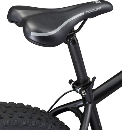 Mongoose Malus Mens and Women Fat Tire Mountain Bike, 26-Inch Bicycle Wheels, 4-Inch Wide Knobby Tires, Steel Frame, 7 Speed Drivetrain, Shimano Rear Derailleur, Disc Brakes
