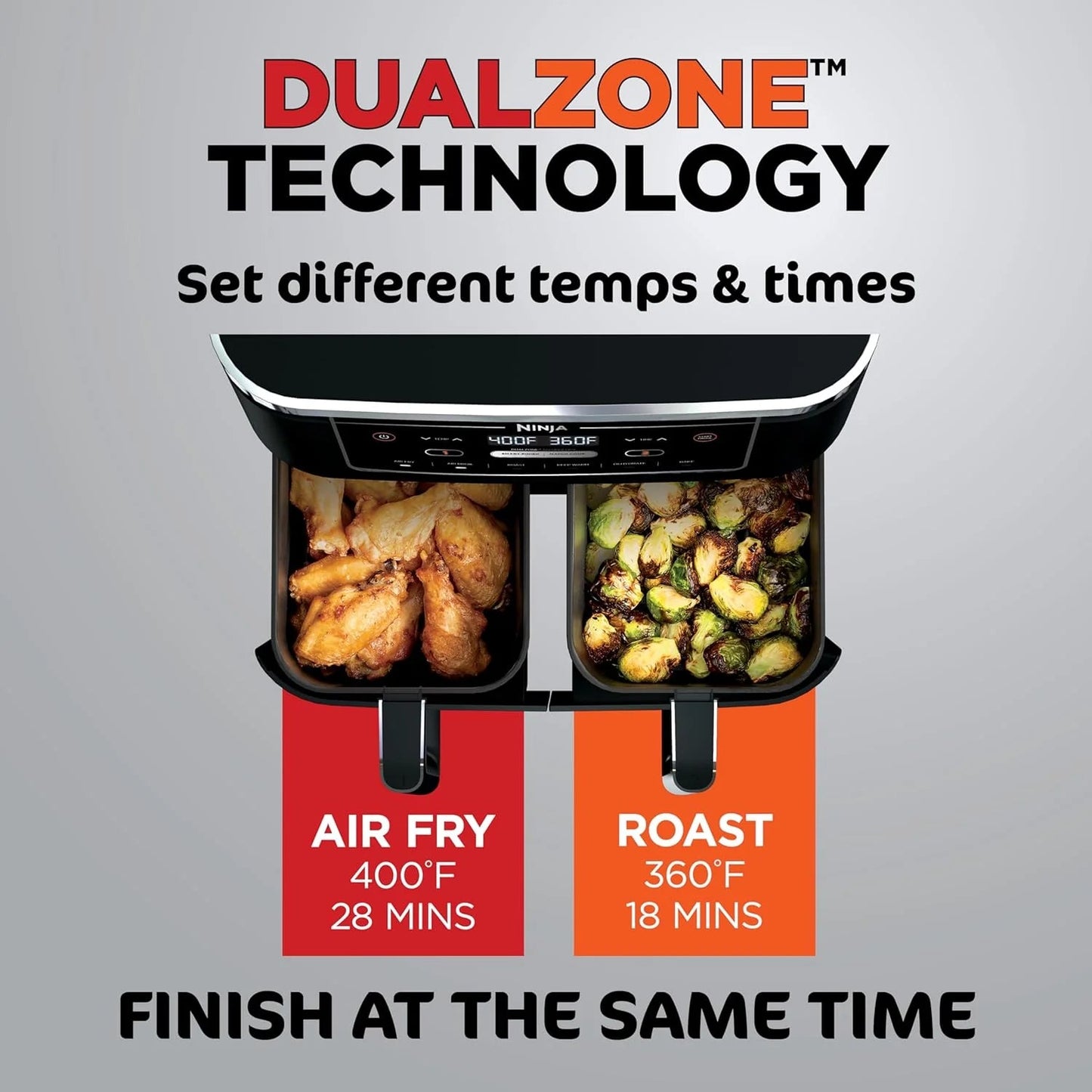 Ninja Foodi 10QT 6-in-1 DualZone Smart XL Air Fryer, 2 Independent 5QT Baskets, Smart Cook Thermometer, Match Cook, Smart Finish, Air Fry, Roast, Bake, Dehydrate, Reheat, Grey, DZ550