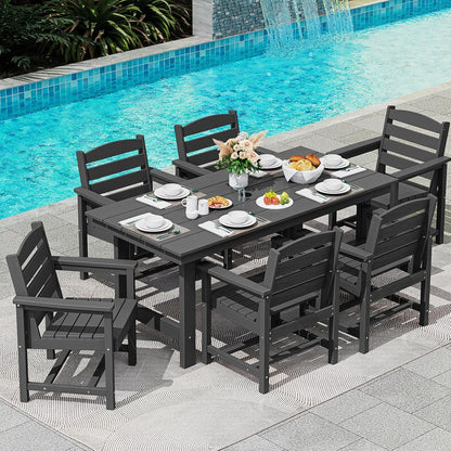 SERWALL 7-Piece Patio Table Set, Outdoor HDPE Dining Furniture with Umbrella Hole, All Weather Table and Chairs for Lawn, Garden, Poolside, Aruba