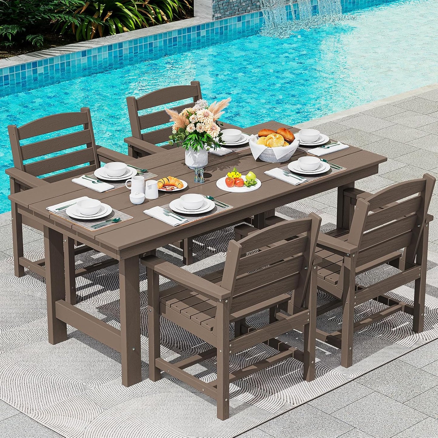 SERWALL 7-Piece Patio Table Set, Outdoor HDPE Dining Furniture with Umbrella Hole, All Weather Table and Chairs for Lawn, Garden, Poolside, Aruba