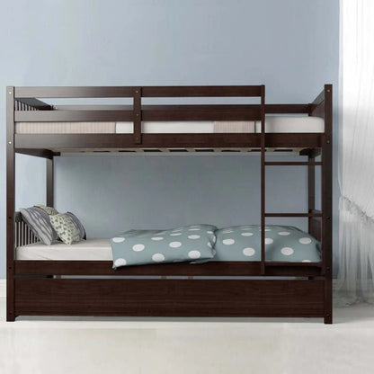 Solid Wood Full Over Full Bunk Bed Frame With Trundle Safety Ladder Amp Guardrails Convertible Bunk Bed For Kids Teens