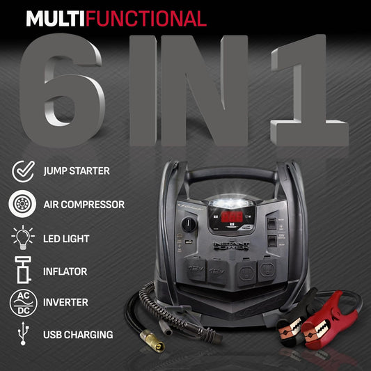 SJ1332 6-in-1 Portable Power Station and Jump Starter with 150-PSI Air Compressor and 200 Continuous/400 Peak Watt Power Inverter, 1200 Peak Amps, 12 Volts, Black, 1 unit