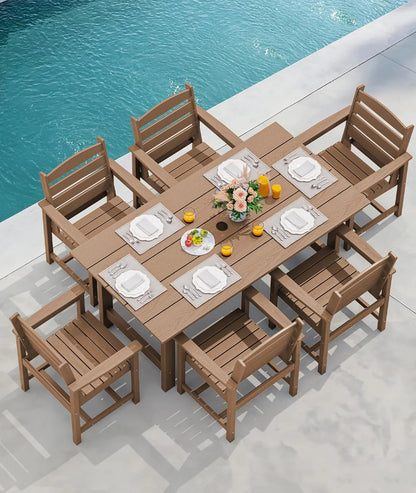 SERWALL 7-Piece Patio Table Set, Outdoor HDPE Dining Furniture with Umbrella Hole, All Weather Table and Chairs for Lawn, Garden, Poolside, Aruba