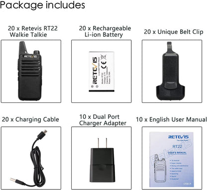 Talkies Mini, Rechargeable Two Way Radio Long Range, 2 Way Radio Small, Portable VOX, for Business Commercial Work School Church Restaurant (20 Pack,Black)