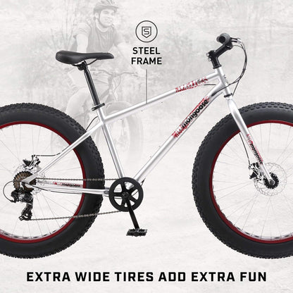 Mongoose Malus Mens and Women Fat Tire Mountain Bike, 26-Inch Bicycle Wheels, 4-Inch Wide Knobby Tires, Steel Frame, 7 Speed Drivetrain, Shimano Rear Derailleur, Disc Brakes
