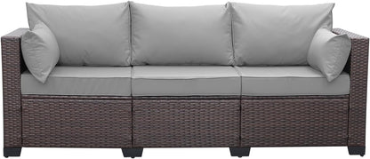 WAROOM Patio Couch PE Wicker 3-Seat Outdoor Brown Rattan Sofa Deep Seating Furniture with Non-Slip Beige Cushion
