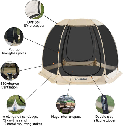 Screen House Room Camping Tent Outdoor Canopy Pop Up Sun Shade Shelter 8 Mesh Walls Not Waterproof Beige 12'x12' Patent Pending