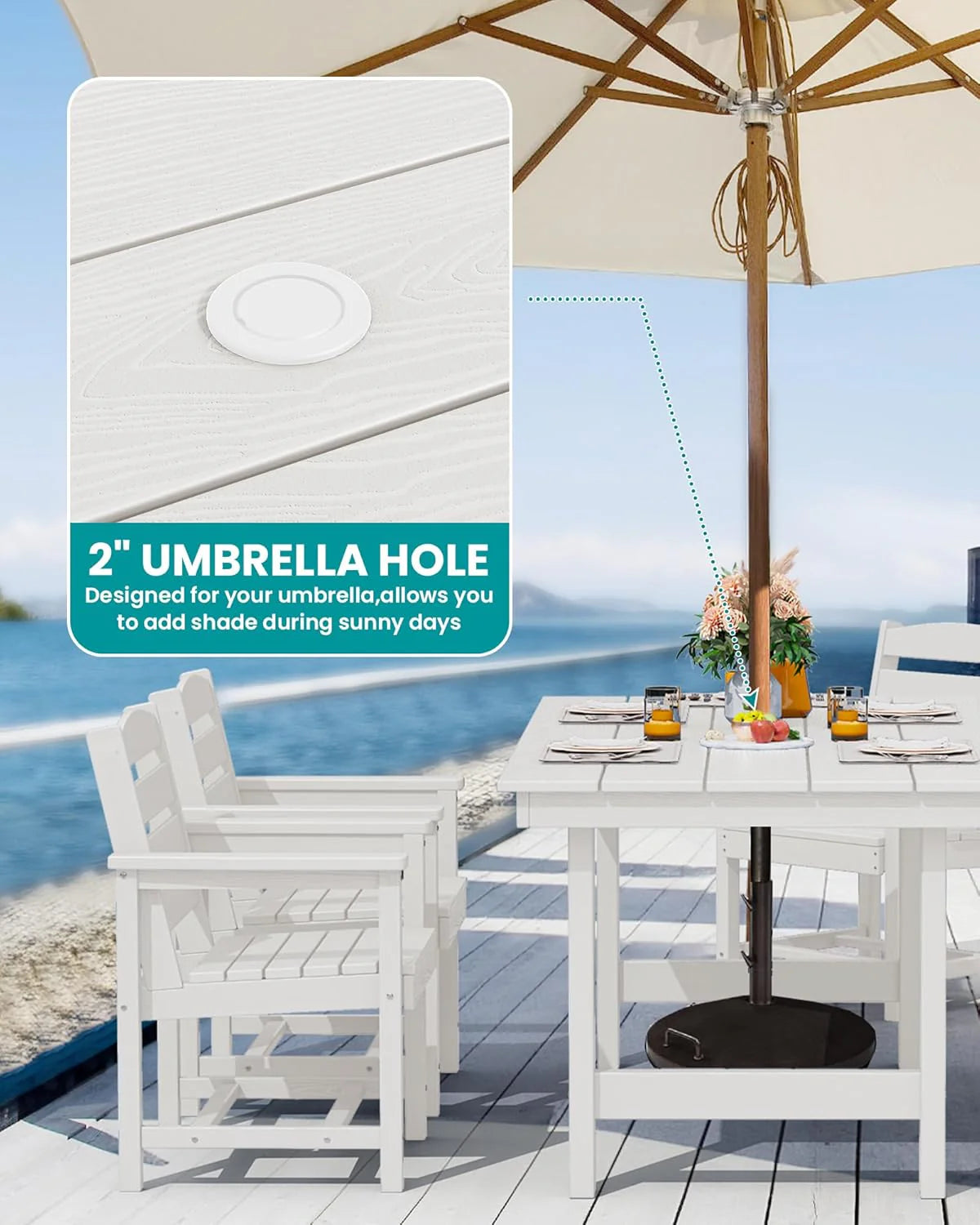 SERWALL 7-Piece Patio Table Set, Outdoor HDPE Dining Furniture with Umbrella Hole, All Weather Table and Chairs for Lawn, Garden, Poolside, Aruba