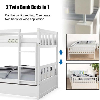 Solid Wood Full Over Full Bunk Bed Frame With Trundle Safety Ladder Amp Guardrails Convertible Bunk Bed For Kids Teens