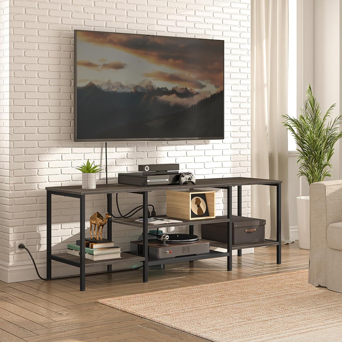 TV Stand with Power Outlets to 75 Inches, TV Console Table with Open Storage Shelves Cabinet, Industrial Media Entertainment Center for Living Room Bedroom, Rustic Brown and Black BF60DS01