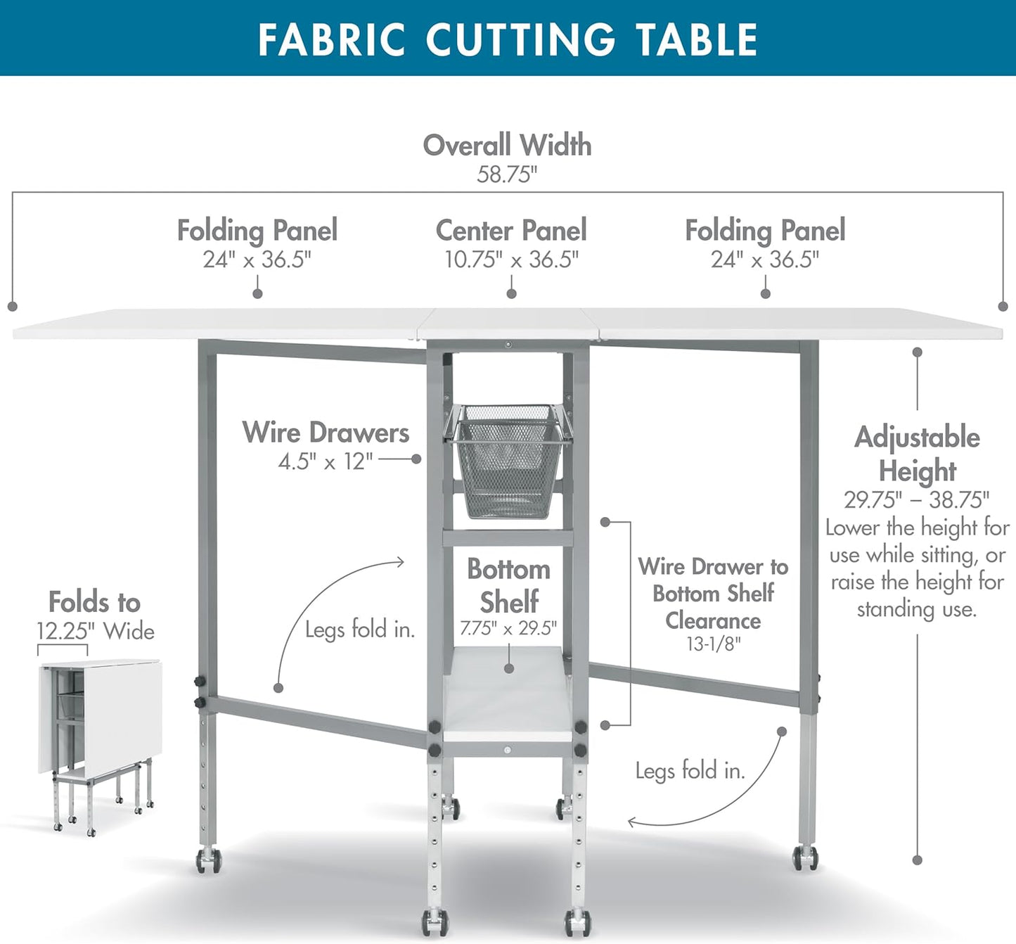 Sew Ready Hobby Cutting Table, 58.75"x36.5", White/Silver